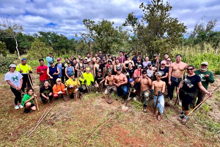 Group of people with gardening tools in a field, surrounded by trees.