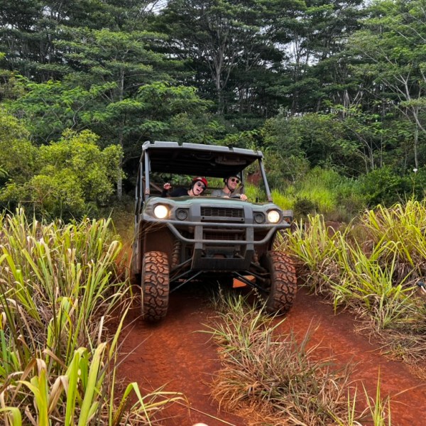 Off-road vehicle with people driving through grassy terrain.