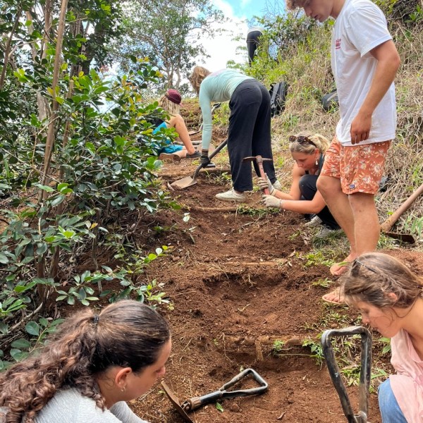 Group of people building steps on a dirt path in a forested area.