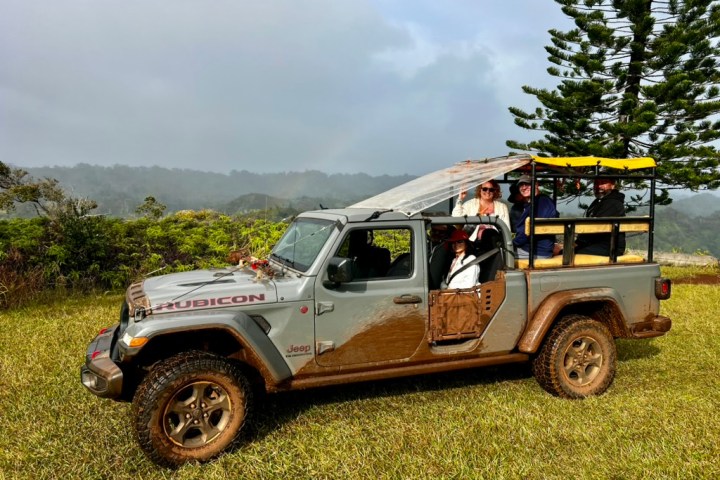Off-road vehicle on grassy field with passengers in a scenic forest area.