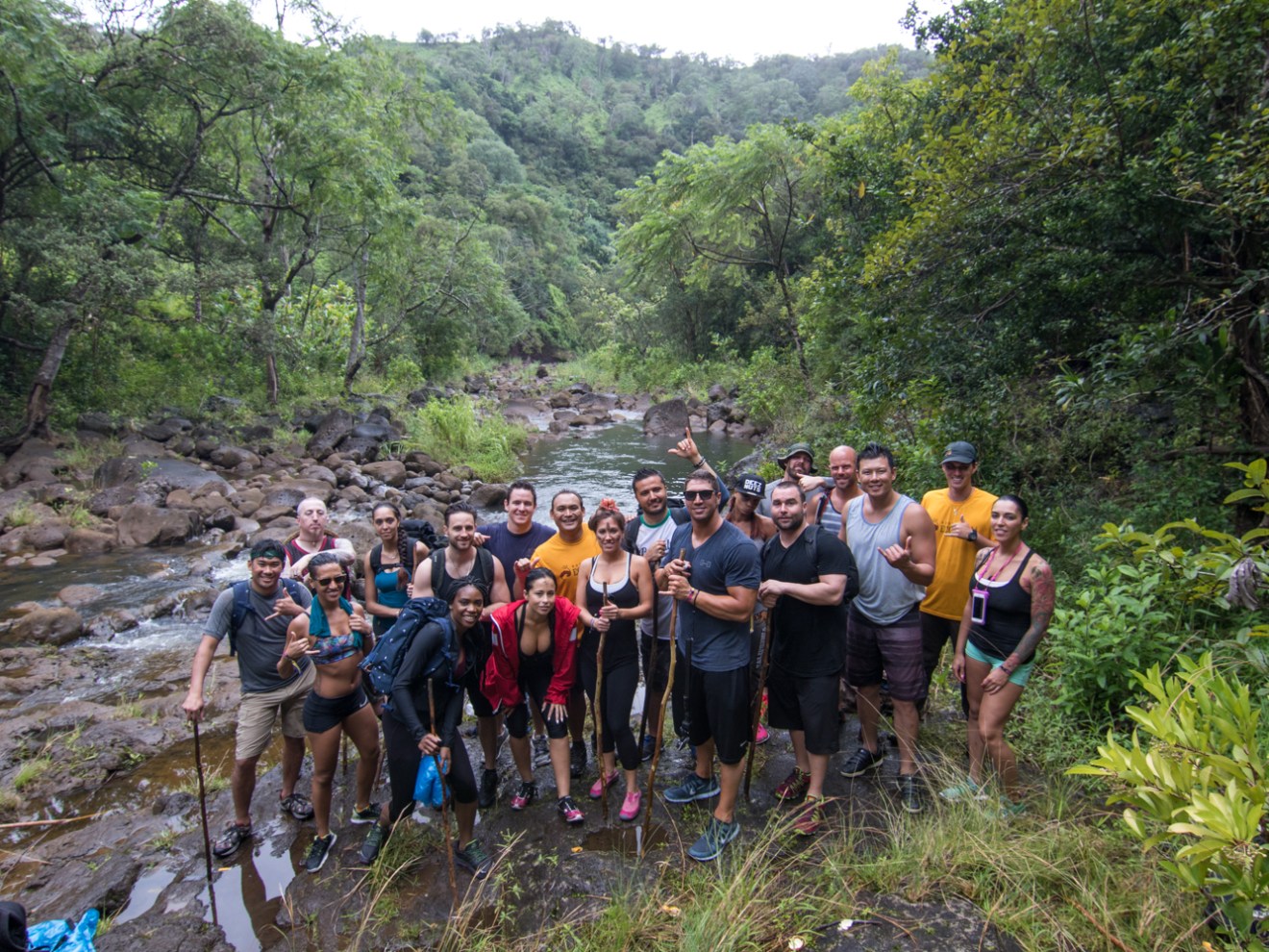 a group of people in a forest